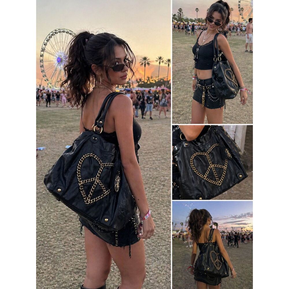 Betsey Johnson Black Chain Heart Hobo Bag Studded Slouchy Shoulder PurseY2K Punk